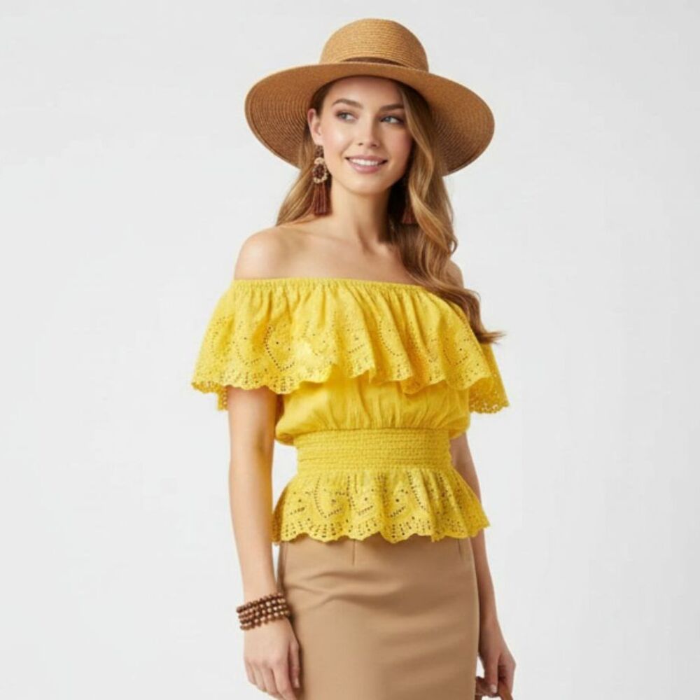 Arden B Yellow‎ Crochet Lace Peasant Short Sleeve Top XS